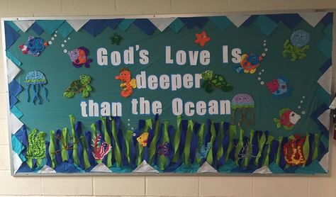 Ocean Bulletin Board Ideas Preschool, Bulletin Board Ocean Theme, Ocean Themed Bulletin Boards, Ocean Bulletin Board Ideas Sea Theme, Under The Sea Bulletin Board Ideas, Scuba Diving Into Friendship With God Vbs Crafts, Under The Sea Bible School Crafts, Ocean Bulletin Board Ideas, Ocean Welcome Bulletin Board