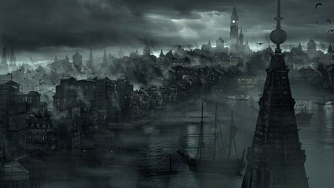 City Rain, Ghost Ship, Rpg Map, Dark City, Atmospheric Phenomenon, 다크 판타지, Wallpaper Laptop, Fantasy City, Bloodborne