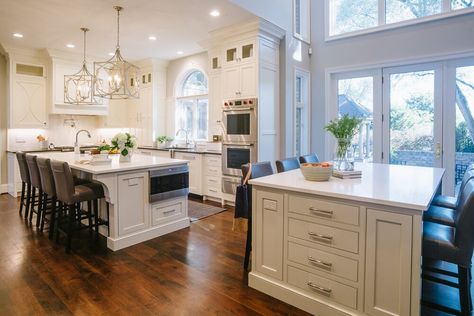 Kitchen Remodel Double Island, Kitchens With Double Islands, Two Kitchen Islands Layout, Double Island Kitchen Open Concept, Double Islands In Kitchen, Double Kitchen Island Ideas, Kitchen With 2 Islands Layout, Island Oven, Double Sided Island