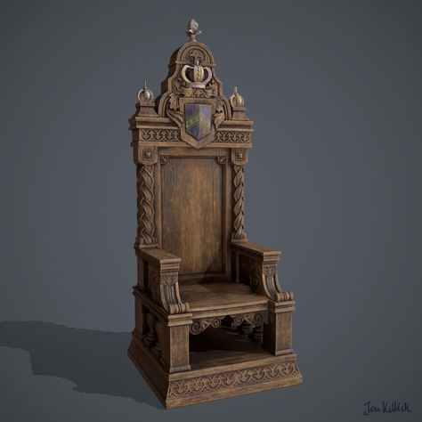 ArtStation - Noblemans' chair , Jen Killick Fantasy Throne Chair Art, Stone Throne Concept Art, Throne Reference, Dwarven House, Throne Design, Medieval Buildings, Antique Oak Furniture, King Chair, Medieval Furniture