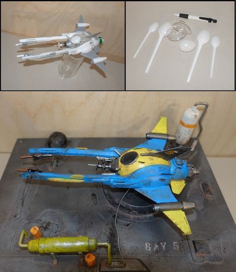 Made from spoons, ball pens and so on, mostly junk and plastic bits #upcycling Spaceship Model, Jhin League Of Legends, Recycled Toys, Hirst Arts, Miniature Photography, Starship Design, Sci Fi Models, Spaceship Art, Plastic Art