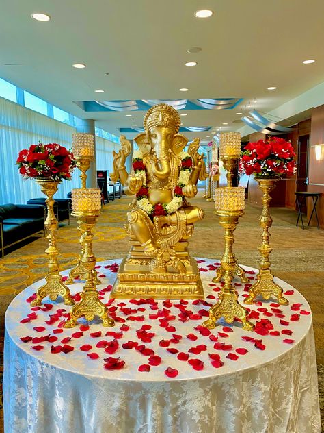 Ganesha Wedding Decor, Indian Wedding Entrance Decor Ganesha, Housewarming Decorations, Ganpati Decoration Design, Wedding Entrance Decor, Welcome Table, Red Rose Wedding, Wedding Entrance, August Wedding