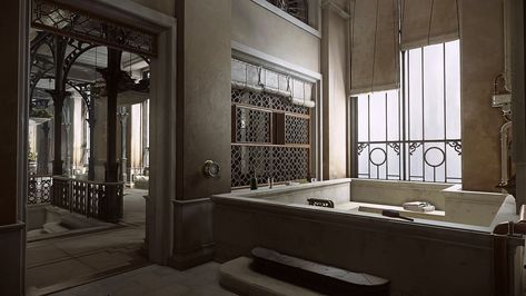 Dishonored Architecture, Palace Dark, Manor Bathroom, Fictional Architecture, Fantasy Interior, Art Deco City, Dishonored 2, House Of Worth, Castle House