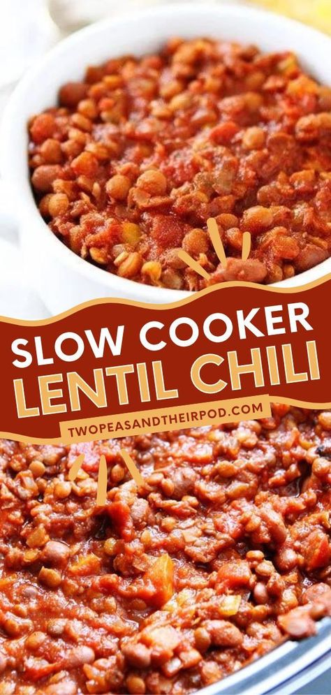 Want a healthy slow cooker recipe or crockpot meal? This Slow Cooker Lentil Chili is a meatless chili recipe that's ready in just 10 minutes! This easy comfort food recipe for dinner is also vegan and gluten-free! Save this pin! Lentil Chili Recipe Crockpot, Slow Cooker Lentil Chili, Easy Lentil Chili Recipe, Crockpot Lentil Chili, Crockpot Lentil Recipes, Slow Cooker Lentil Recipes, Lentil Chili Crockpot, Lentil Soup Recipe Crockpot, Lentil Crockpot Recipes