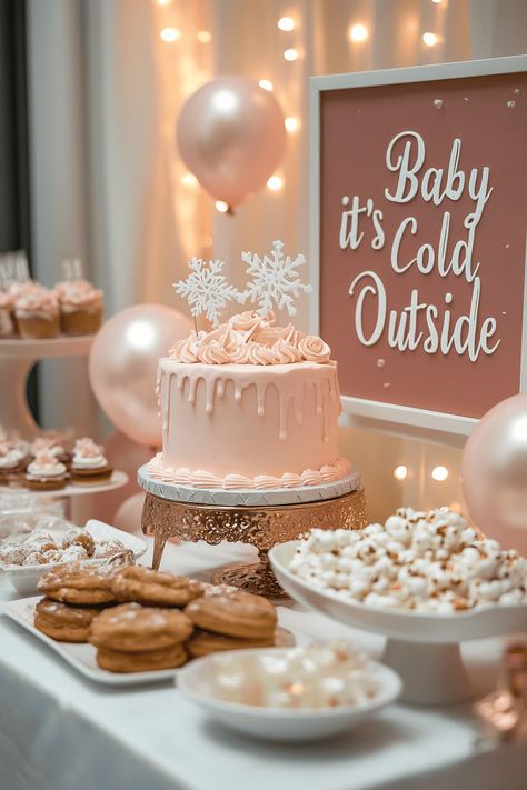 Baby Shower Cocoa Bar, Baby It’s Cold Outside Baby Shower Pink, February Baby Girl Shower Ideas, Baby It's Cold Outside Baby Shower Girl, Christmas Baby Sprinkle Ideas, Winter Baby Shower Table Decor, Merry Little Baby Shower Theme, Simple Girl Baby Shower Ideas, Gingerbread Baby Shower Theme