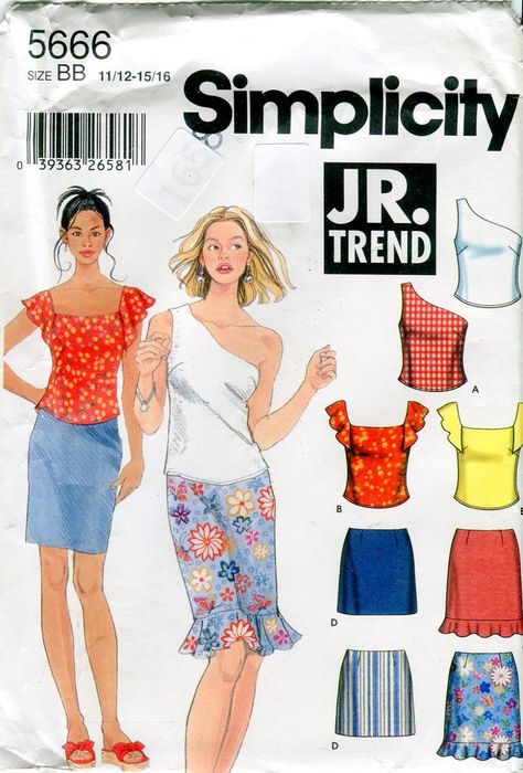 Simplicity 5666 Junior Tops and Skirts Sewing Pattern One Shoulder Flutter Sleeve Ruffle Hem Skirt Size 11/12  13/14  15/16 by PengyPatterns on Etsy Missy Dresses, 2000s Clothes, Early 2000s Fashion, Sewing Patterns Girls, Sewing Crafts Tutorials, Butterick Sewing Pattern, Couture Mode, Skirt Patterns Sewing, Sewing Skirts