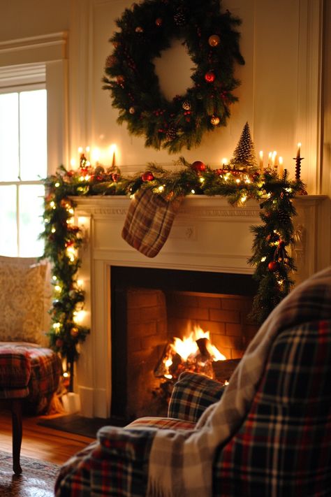 Warm up your home this winter with a beautifully decorated fireplace! This setup features a lush wreath, garland adorned with ornaments, and cozy candlelight, perfect for creating a festive atmosphere. Enjoy the magic of winter home decor. #WinterHomeDecor #CozyLiving #HolidayVibes Christmas Decorations For Fireplace, Winter Solstice Aesthetic, Warm Cozy Christmas, Warm Christmas Decor, Christmas Fireplaces, Cozy Winter Home, Cozy Candlelight, Moody Christmas, Fantasy Buildings