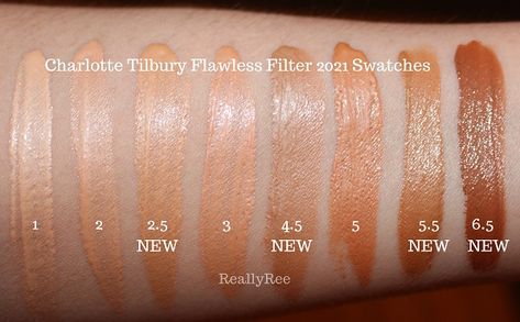 Charlotte Tilbury Flawless Filter Review & Swatches 2021 NEW SHADES Charlotte Tilbury Flawless Filter Swatch, Charlotte Tilbury Flawless Filter, Flawless Filter, Foundation Swatches, Eye Products, Makeup 101, Fair Skin Tone, Medium Skin Tone, Lipstick Swatches