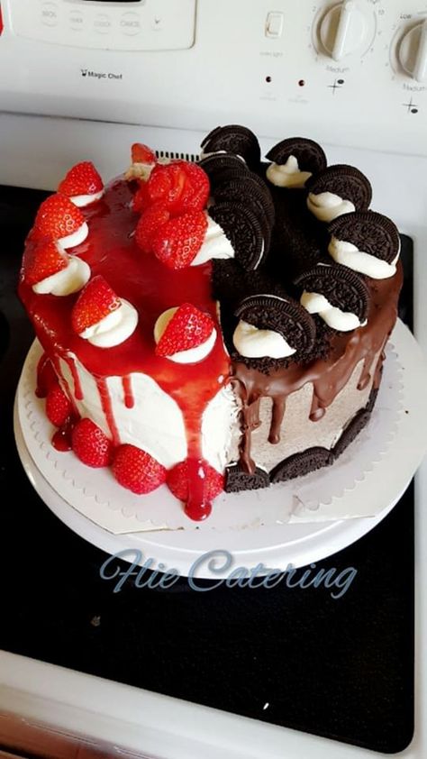 Half And Half Cake (Oreo/strawberry Shortcake) half oreo half strawberry shortcake infused into 1 Half And Half Cake, Drip Icing, Half Strawberry, Half Cake, Oreo Torte, Rose Strawberry, Cake Oreo, Strawberry Birthday Cake, Shortcake Cake