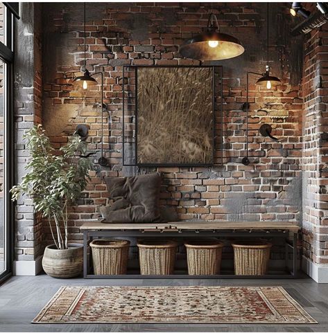 Entrance Furniture Ideas, Sleek Console, Industrial Ideas, Brick Backsplash Kitchen, Industrial Chic Design, Entrance Furniture, Industrial Entryway, Rustic Industrial Decor, Brick Backsplash