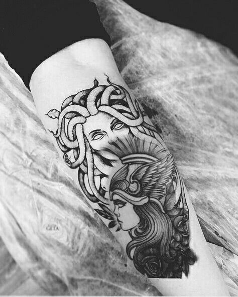 Pinterest:bellaxlopes✨✨ Medusa Athena Tattoo, Athena Medusa Tattoo, Athena And Medusa Tattoo, Athena Tattoo, Wrist Tattoo Cover Up, Diy Tattoo Permanent, Kunst Tattoos, Greek Mythology Tattoos, Fire Tattoo