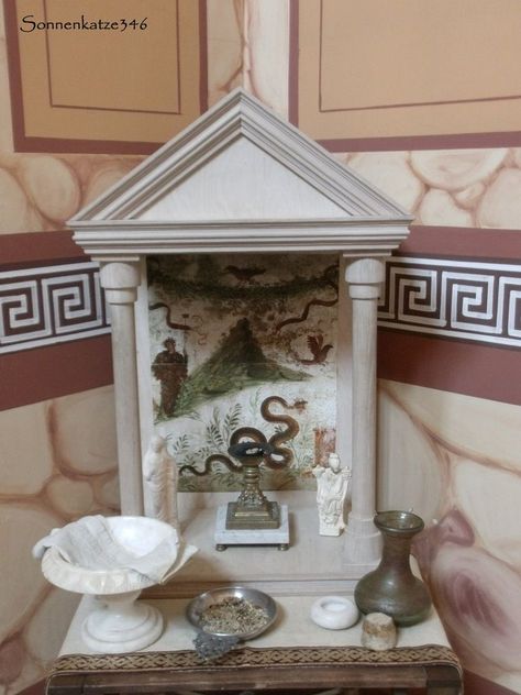 did you know all roman prayers and sacrifices started and ended with devotions to meeeee😍😍its great to have power over prayers(fire and fertility are good too) Hellenic Altar, Greek Altar, House Altar, Aphrodite Altar, Roman House, Mini Altar, Roman Gods, Witches Altar, Pagan Altar