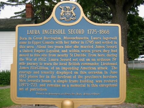 Laura Secord.. a Canadian hero. Canadian Laura Secord traveled on foot for 19 miles to warn the British of an American attack during the War of 1812. She is considered a Canadian hero. Great Barrington Massachusetts, Famous Canadians, Laura Secord, Toronto Pictures, Military Salute, Travel Binder, All About Canada, Women History, Grand Father