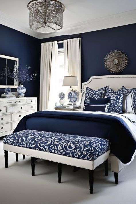 Navy Blue Bedroom Ideas, Blue And Cream Bedroom, Royal Bedroom Design, Navy Blue Bedroom, Mirror Placement, Blue Bedroom Ideas, Navy Blue Bedrooms, Classy Bedroom, Small Bedroom Ideas