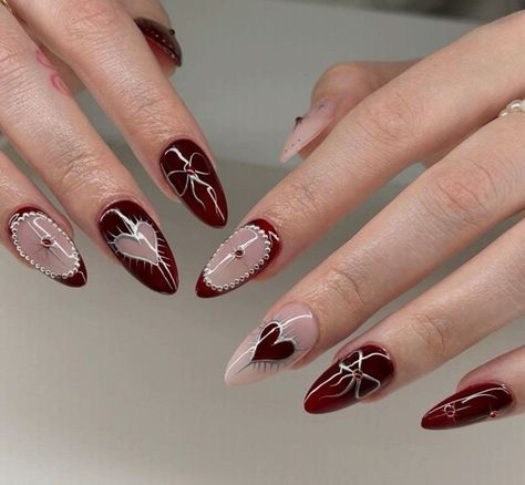 Luxury Valentine Design Nails, Love Nails Handmade Fake Nails Gel Acrylic Y2k, Party Press on Nail Box Gift, Custom Nails Korean For Her Maroon Nails Y2k, Red Nail Designs Y2k, Nail Art Y2k Red, Burgundy Nails Y2k, Crimson Red Nail Designs, Dark Femme Nails, Goth Red Nails, Nailart Merah Maroon, Y2k Nails Red