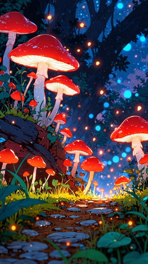 A whimsical animation of glowing magical mushrooms surrounded by an enchanting forest, emitting soft, radiant light and sparkles. Mushroom Wallpaper Aesthetic, Mushroom Fantasy Art, Wizards Tower, Mushrooms Aesthetic, Glowing Forest, Fungi Art, Red Mushrooms, Night Sky Art, Fantasy Animation