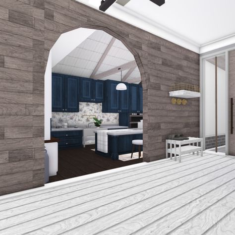 Navy Blue Vintage Bloxburg House With Custom Roof Pantry Ideas Bloxburg, Bloxburg Rp House, Aesthetic Kitchen Vintage, Bloxburg Curtains, Bloxburg Modern House Interior, Bloxburg Pantry Ideas, Bloxburg Vintage, Custom Bloxburg, Kitchen Ideas Cottage