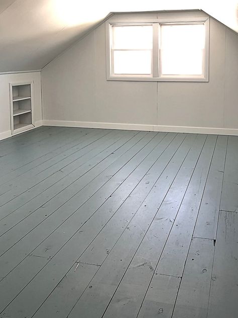 If you want to paint a wood floor, click over to find the paint for wood floors we used and loved! Painted White Wood Floors Bedroom, Painted Floor Colors Ideas, Dark Painted Wood Floors, Painted Floors Wood Old Houses, Paint Hardwood Floors Diy, Painted Attic Floor, Farmhouse Painted Floors, Gray Painted Floors, Painted Old Wood Floors