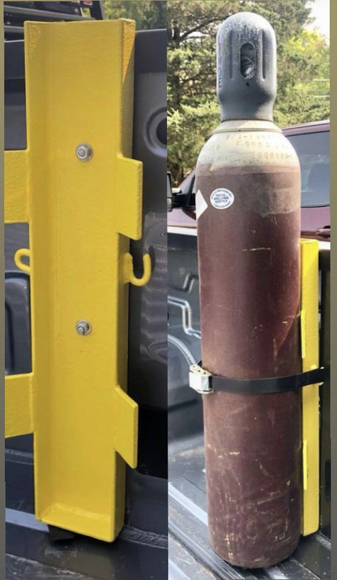 I got tired of my shielding gas tank for my mig welder rolling around when I take it to get filled so I came up with this bracket that quickly attaches to the hooks in the bed of my Chevy Silverado. I used pieces of flatbar welded to channel with an adjustable strap to hold the tank against the bracket. Would also work great for doing mobile welding with a safety cap. #millerwelders #millerwelds Survival Truck, Welder Cart, Lincoln Welders, Welding Workshop, Welding Trailer, Custom Flatbed, Headache Rack, Welding Rig, Mobile Welding