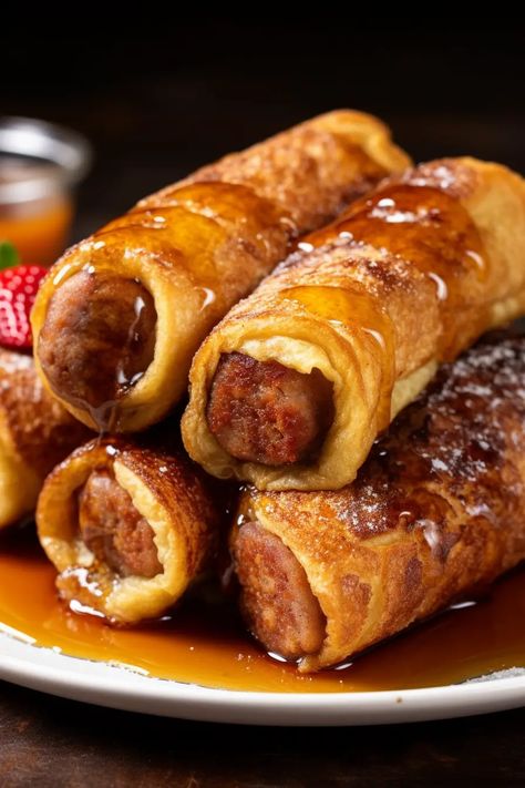 Sausage French Toast Roll-Ups - That Oven Feelin Italian Drunken Noodles, Toast Roll Ups, Sweet French Toast, America Cake, French Toast Roll Ups, French Toast Rolls, Vegetarian Sausages, Sausage Rolls, Creamy Mashed Potatoes