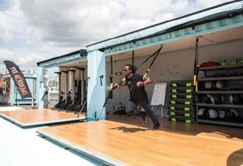 Shipping Container Home Gym, Storage Container Gym, Shipping Container Gym Ideas, Shipping Container Gym, Container Gym, Container Park, Football Factory, Shipping Container Office, Backyard Gym