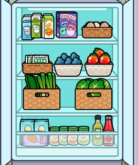 Fridge Organization Ideas Toca Boca, Fridge Ideas Toca Boca, Toca Boca Pantry Ideas, Toca Boca Refrigerator Ideas, Toca Boca Kitchen Ideas 5 Star Hotel, Toca Boca Fridge Ideas, Cute Dorm Ideas, Toca Life World Aesthetic Pfp, Bad Room Ideas