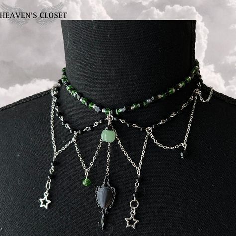 Green and black layered dark fairy... - Depop Dark Fairy Accessories, Black And Green Necklace, Fairy Aesthetic Costume, Faerie Core, Black Fairy, Black Layers, Handmade Chokers, Fairy Accessories, Pixies Fairies