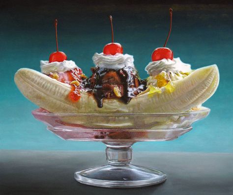 My neighbor's talent. Hyper real food art by Mary Ellen Johnson. Tjalf Sparnaay, The Banana Splits, Photorealism Art, Decadent Food, Hyper Realistic Paintings, Food Funny, Food Painting, Köstliche Desserts, Big Meals