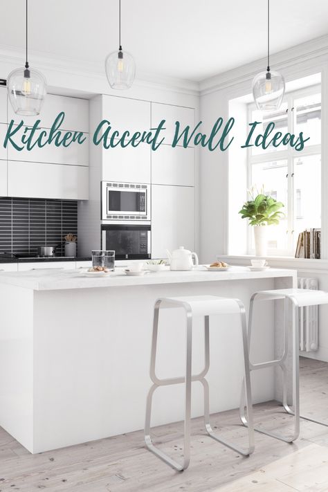 Ideas for kitchen accent wall. Creating an accent wall in your home. White Kitchen With Accent Wall, Accent Wall In White Kitchen, Kitchen Accent Wall Color Ideas, Painted Accent Wall Kitchen, Kitchen Wall Treatments, Kitchen Accent Wall Ideas Paint, Accent Wall Kitchen Paint, Accent Wall In Kitchen Ideas, Kitchen Island Accent Wall Ideas