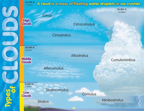 Types of Clouds / Cloud Identification Chart #clouds #weather #meteorology Types Of Clouds, Cumulonimbus Cloud, Weather Lessons, Cloud Template, Cloud Type, Weather Science, High Clouds, Meteorology, Homeschool Science