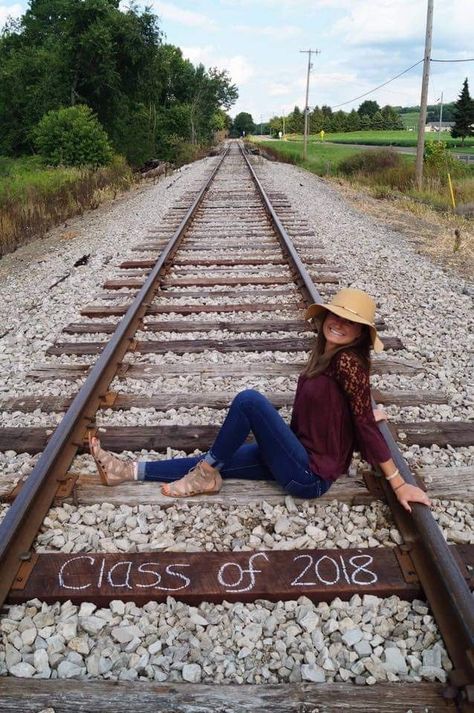 Senior Picture Ideas On Railroad Tracks, Railroad Tracks Senior Pictures, Railroad Track Photoshoot Senior Pics, Senior Photos Train Tracks, Senior Picture Ideas Train Tracks, Railroad Track Senior Pictures, Train Track Senior Pictures, Trapshooting Senior Pictures, Fall Sr Picture Ideas