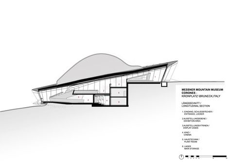 Section. Messner Mountain Museum. Corones, Italy. Designed by Zaha Hadid Architects. 2015. Mountain Architecture, Zaha Hadid Architecture, Architecture Concept Diagram, Architectural Section, Layout Architecture, Zaha Hadid Architects, Museum Architecture, Architecture Rendering, Architecture Student