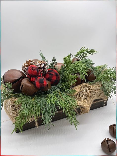 Winter Home Decor Table - My Gosh! I love them - Visit to See More IMMEDIATELY! Evergreen Christmas Centerpieces, Christmas Jingle Bell Centerpiece, Christmas Box Centerpiece, Christmas Log Centerpiece, Winter Centerpieces For Home, Winter Dough Bowl Decor, Table Box Centerpiece, Cabin Christmas Decor Rustic, Farmhouse Christmas Dining Table Decor