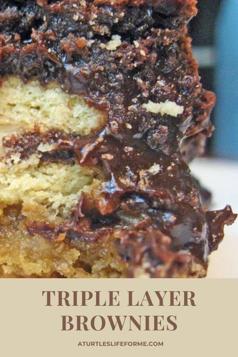 These triple layered brownies recipe serves up three layers of peanut butter and fudgey goodness. Over-the-top indulgence meets 100% deliciousness. One oatmeal chocolate chip cookie layer, one creamy peanut butter sandwich cookie layer, and one fudgey brownie layer. Baked together to create the most delicious triple layered brownies! Yum, yum! Triple Layer Brownies, Layered Brownies, Brownies With Peanut Butter, Chocolate Chip Cookie Dough Brownies, Butter Sandwich Cookies, Peanut Butter Oatmeal Chocolate Chip, Oatmeal Chocolate Chip Cookie, Peanut Butter Sandwich Cookies, Refrigerated Cookie Dough