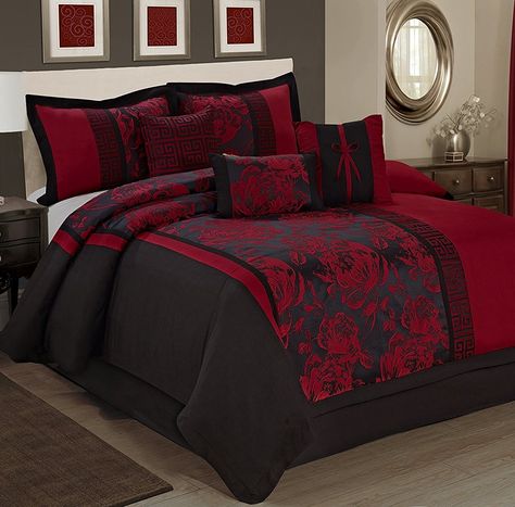 Peony 7 Piece Comforter Set Black Comforter Sets, Black Comforter, Floral Comforter Sets, Embroidered Bedding, Fabric Patchwork, Bedroom Red, King Comforter Sets, Bed Skirt, Queen Comforter Sets