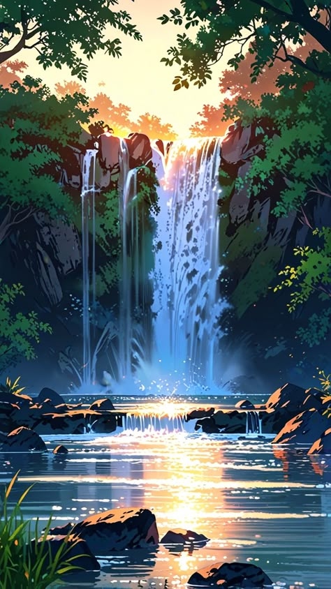 #landscapepainting Majestic Waterfall, Water Sparkling, Ultra 4k, Anime Landscape, Ancient Trees, Black Wall Street, Moss Covered, Art Gallery Wallpaper, Fantasy Art Landscapes