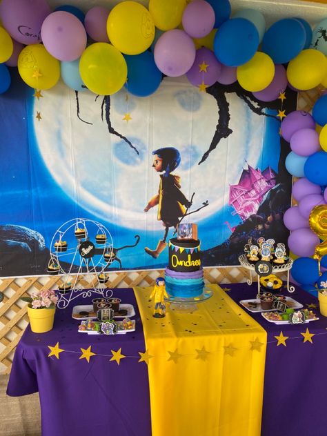 Caroline Theme Birthday Party, Coraline Bday Party Ideas, Caroline Theme Party, Coralline Birthday Theme, Diy Coraline Party Decorations, Coraline Birthday Party Decoration, Coraline Birthday Ideas, Coraline Decorations Party Ideas, Coralline Birthday Party