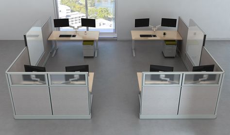 4 Person Collaborative Bullpen w/ Dual Monitors and Whiteboards. http://joycecontract.com/office_tables_desks/office-cubicles.html Office For 4 People, Cubicle Alternative, Open Office Layout, Cubicle Design, People Design, Office Cubicle, Office Layout, Open Office, Panel Systems