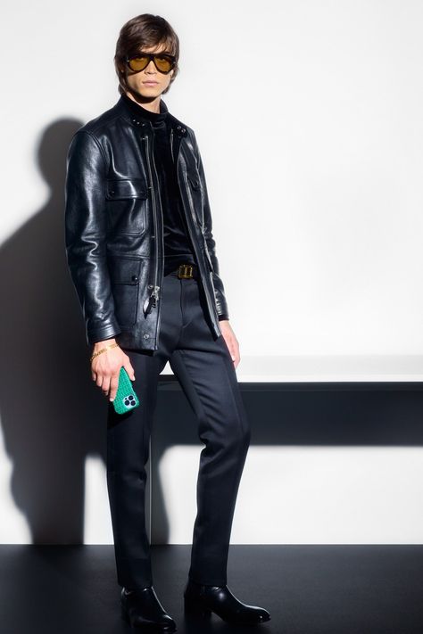 Tom Ford Leather Jacket, Tom Ford Menswear, Casual Leather Jacket, Navy And Brown, Menswear Fashion, Leather Motorcycle Jacket, Fall 2022, Menswear Collection, Fashion Show Collection