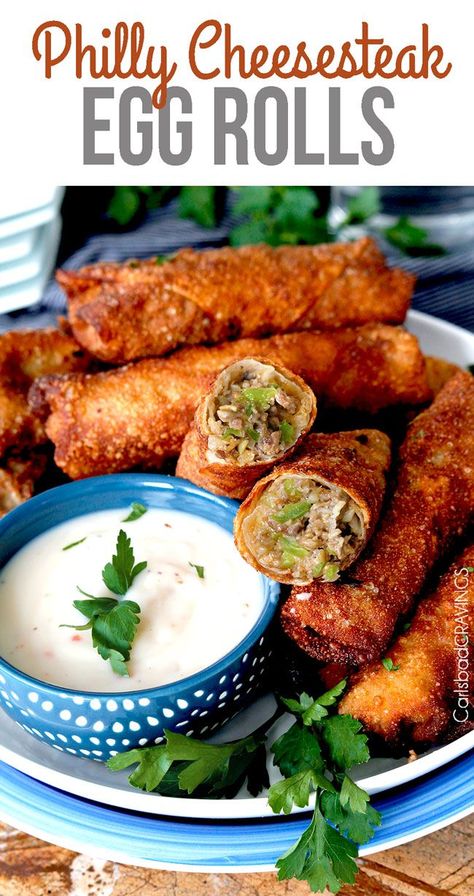 Thinly sliced marinated steak, bell peppers, mushrooms and jalapenos smothered with cheese then fried (or baked) to melty, cheesy perfection in a crunchy egg roll cocoon.  I have to be honest.  I don’t watch football.  I don’t even know what teams are playing in the Super Bowl.  I know, I can hardly call myself a respectable... Read More » Philly Cheesesteak Egg Rolls, Food References, Homemade Egg Rolls, Chicken Egg Rolls, Carlsbad Cravings, Cheese Steak, Egg Roll Recipes, Philly Cheesesteak, Ooey Gooey