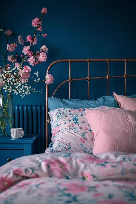 Blue and Pink Bedroom Ideas for a Charming Space French Blue And Pink Bedroom, Blue And Pink Bedroom For Kids, Blue And Pink Bedroom For Adults, Navy Pink Bedroom, Dark Blue And Pink Bedroom, Blue And Pink Room Aesthetic, Navy And Pink Bedroom, Blue And Pink Bedroom, Pink Bedroom Design