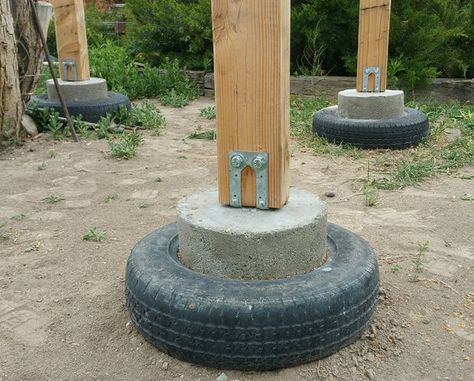 Concrete Tire Piers: 8 Steps (with Pictures) Deck Footings, Concrete Deck, Concrete Footings, House Foundation, Tyres Recycle, Diy Concrete, Old Tires, Earthship, Outdoor Sculpture