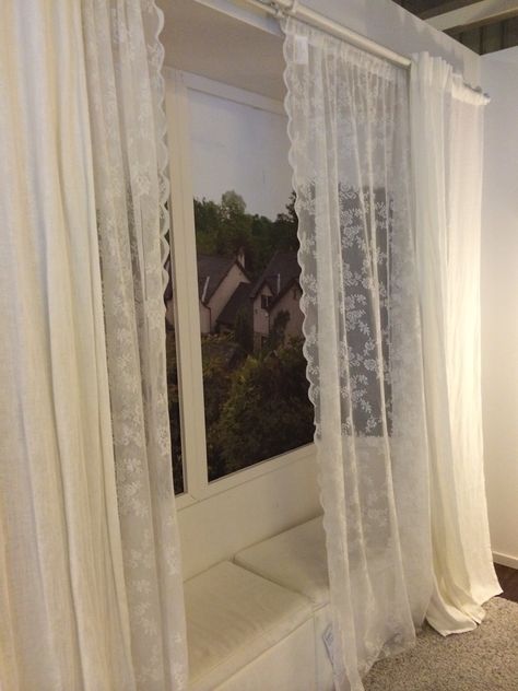 Want lace curtains from ikea Vintage White Lace Curtains, Coquette Room Curtains, Vintage White Curtains, Curtain Ideas For Bedroom Aesthetic, White Lace Curtains Living Room, Lacy Curtains Aesthetic, Layered Lace Curtains, Coquette Curtains Bedroom, Window Curtains Bedroom Aesthetic