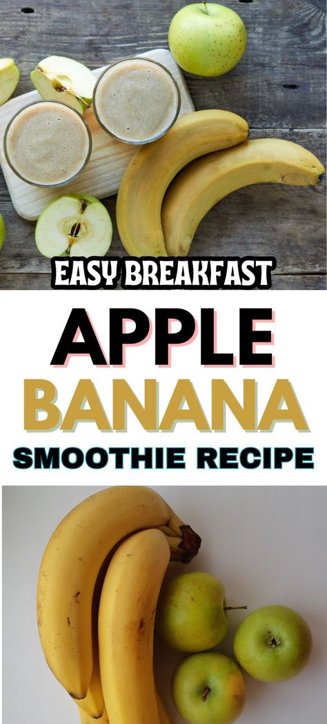 A tall glass of creamy apple banana smoothie sits on a kitchen counter, topped with thin apple slices and a sprinkle of cinnamon. In the background, a banana and a freshly cut apple are placed beside a wooden cutting board, showcasing the ingredients used to make this refreshing smoothie. The scene captures a quick, healthy breakfast idea perfect for busy mornings. Apple Banana Smoothie, Protien Smoothies Recipes, Apples And Bananas, Apple Smoothie Recipes, Easy Breakfast Smoothies, Banana Apple Smoothie, Banana Smoothie Recipe, Quick Healthy Breakfast, Breakfast Idea