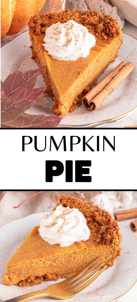 Collage of slice of pumpkin pie with graham cracker crust at top and bottom. Pumpkin Cream Cheese Dip, Pie With Graham Cracker Crust, Graham Cracker Crust Recipe, Best Pumpkin Pie Recipe, Cream Cheese Recipes Dip, Pumpkin Pie Recipe Easy, Crustless Pumpkin Pie, Lime Cookies, Best Blueberry Muffins