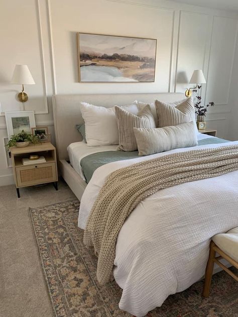 Bedside Wall Sconces Ideas, Master Bed Sconces, Organic Cottage Bedroom, Timeless Modern Bedroom, Bedroom With Sconces On Each Side, Bedroom With Sconces, Bedroom Hardwood Floor, Pop Of Color Bedroom, Bedroom Sconces Bedside