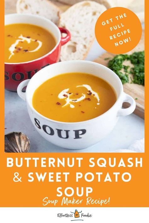 Enjoy the rich flavours of spiced butternut squash and sweet potato soup made effortlessly in a soup maker. This creamy and nutritious recipe is perfect for chilly days and can be easily customised with a variety of spices and toppings. Experience the convenience of homemade soup with minimal effort, delivering a comforting meal that’s healthy and satisfying! Swede Soup, Squash And Sweet Potato Soup, Butternut Squash And Sweet Potato, Spiced Butternut Squash, Butternut Squash Sweet, Soup Maker Recipes, Warm Soup Recipes, Winter Soup Recipe, Vegetarian Soup Recipes