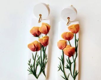 Poppy Earrings, Orange Poppies, Polymer Clay Embroidery, Polymer Clay Flower Jewelry, Diy Earrings Polymer Clay, Handmade Clay Jewelry, Orange Poppy, Polymer Clay Jewelry Diy, Polymer Jewelry