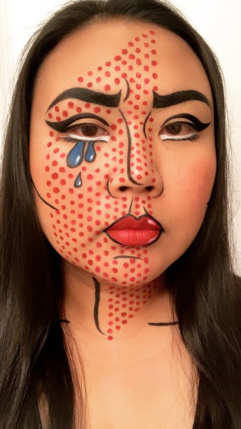 Roy Lichtenstein Halloween Costume, Pop Art Face Makeup, Pop Art Face Paint, Pop Art Makeup Ideas, Marsh Tattoo, Adult Halloween Makeup, Pop Art Makeup Tutorial, Comic Makeup, Roy Lichtenstein Pop Art