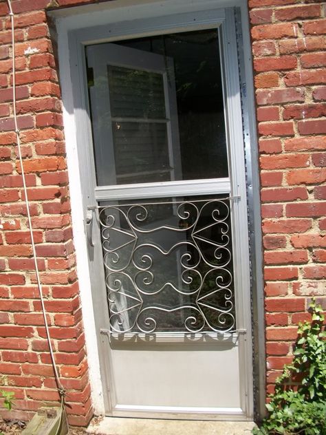 Aluminum Screen Door and Grille Guard - needs a "W" in the middle ♥ Vintage Front Porch, Glass Screen Door, Screen Door Protector, Metal Screen Doors, Aluminum Storm Doors, Vintage Screen Doors, Decorative Screen Doors, Aluminum Screen Doors, Door Glass Inserts